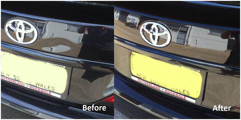 Before and after of dent repair on the boot of a car